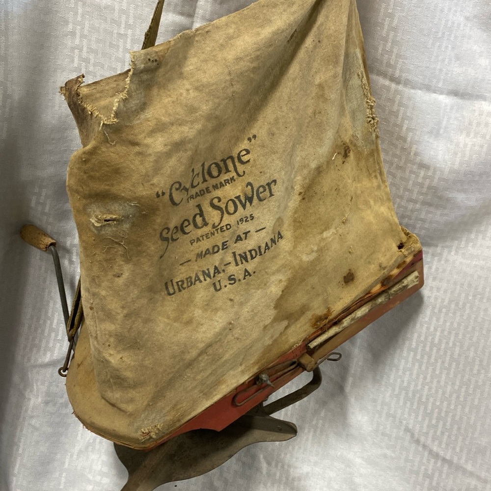 Antique Cyclone Seeder Sower Red Hand Crank Seed Spreader Rustic Farm Tool